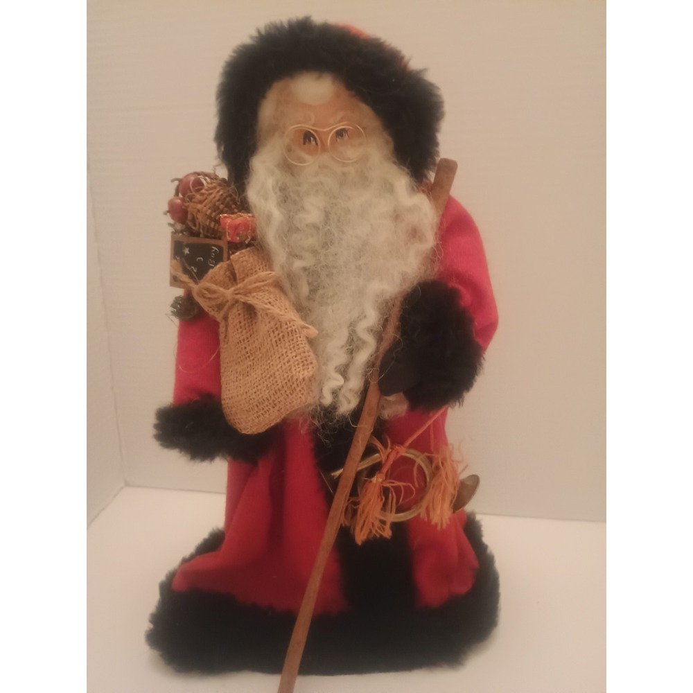 Vintage Rustic Old World Style Santa With Gift Sack & Walking Stick 14"